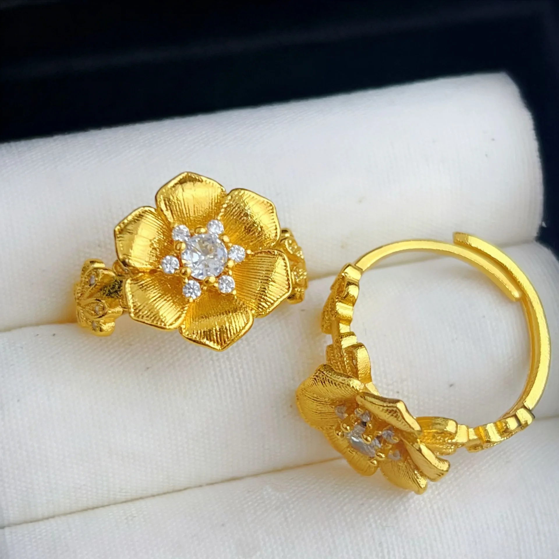 9999 gold brushed gold point-cut diamond peony flower ring - luxurious and high-end open finger ring for women