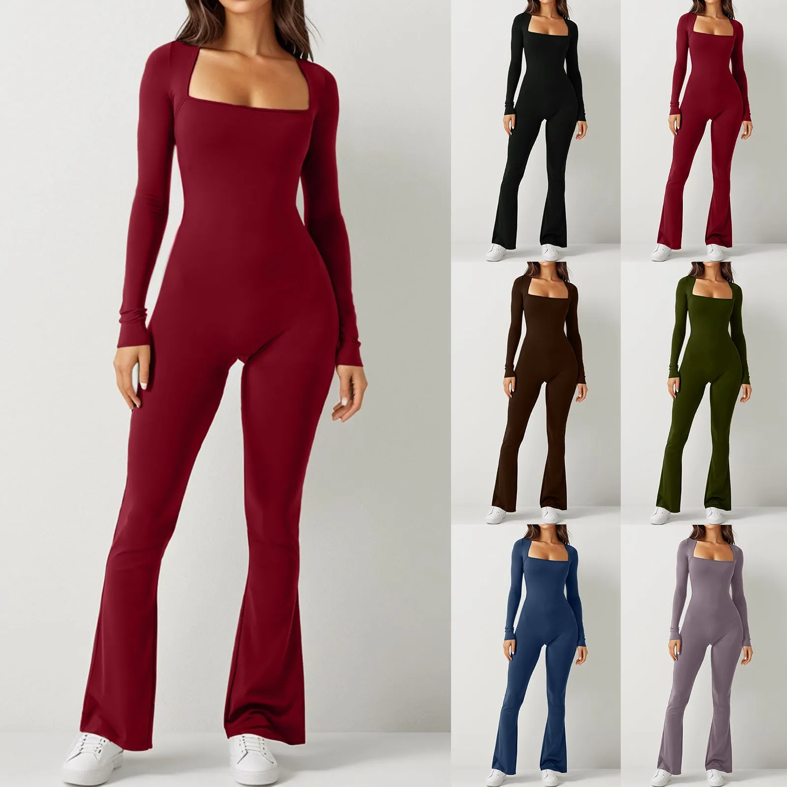 Women's Yoga Jumpsuit Long Sleeve Belly Tie Waist Hip Lift Square Neck High Elastic Flared Pants Bodycon Workout Bodysuit