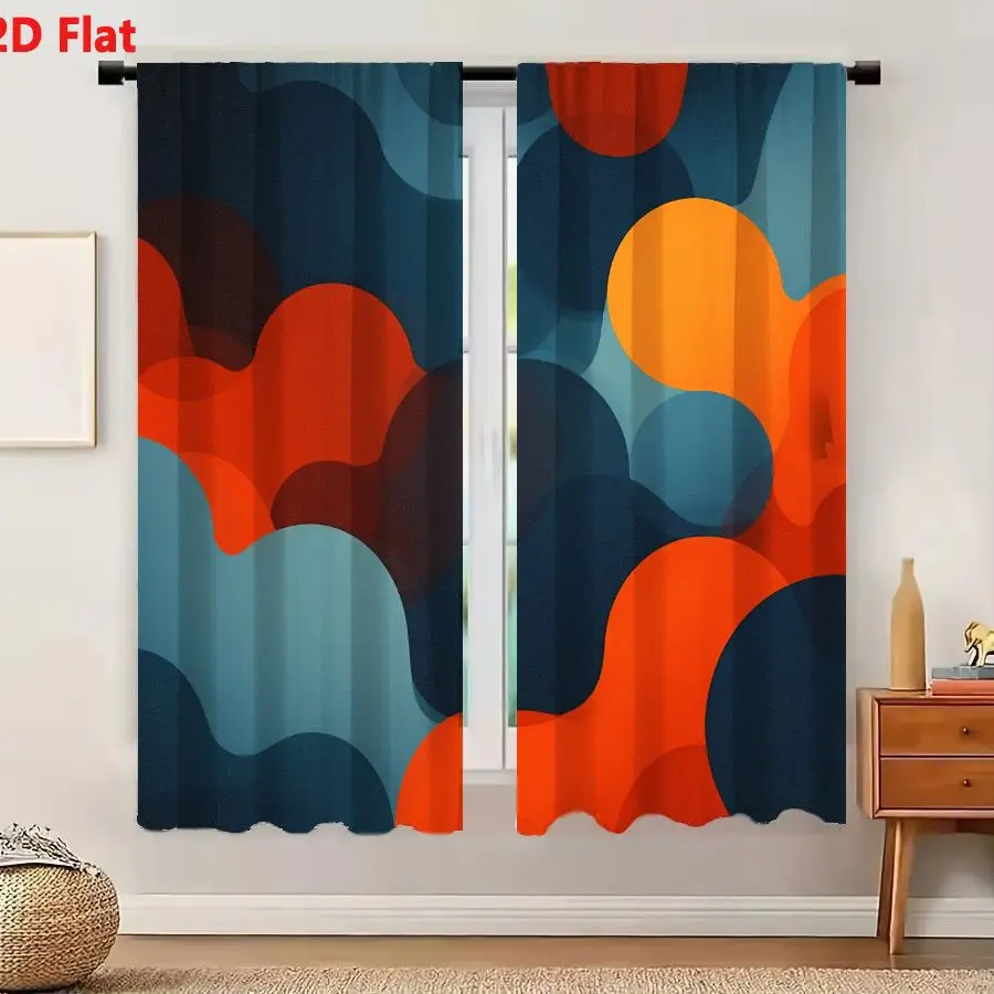 2Pcs Curtains 2D Flat Abstract Organic Shapes Warm Orange Deep Blue Fluid Modern Digital Art Window Drapes for Bedroom Room Deco