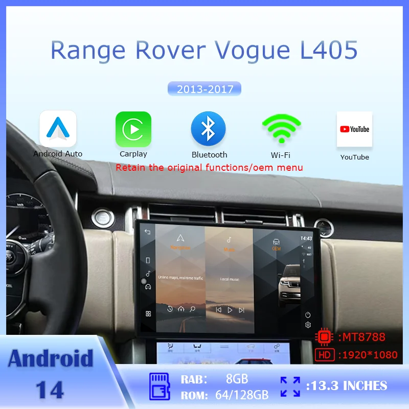13.3 INCH For Land Range Rover Vogue L405 2013‑2017 Android Auto Carplay Multimedia Player Android14 Smart Car System Wireless