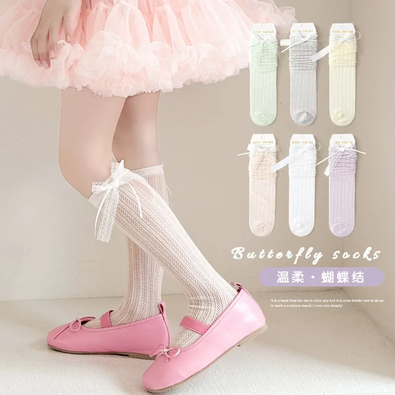 

Girls' Summer Bow Long Calf Sock Candy color Knee Socks Summer Solid Mesh Thin Socks Sweet Lace Princess Stocking Thigh Socks
