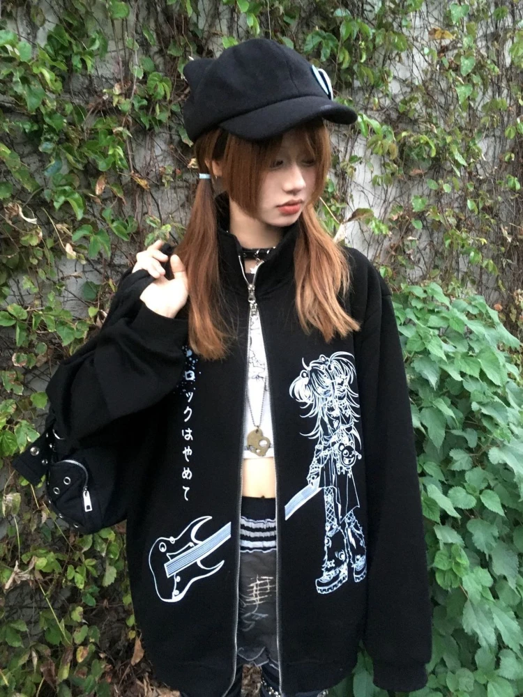 Japanese Cartoon Print Hoodies Harajuku Vintage Double Zipper Jacket Oversized Sweatshirt Grunge Casual Streetwear Y2k Aesthetic