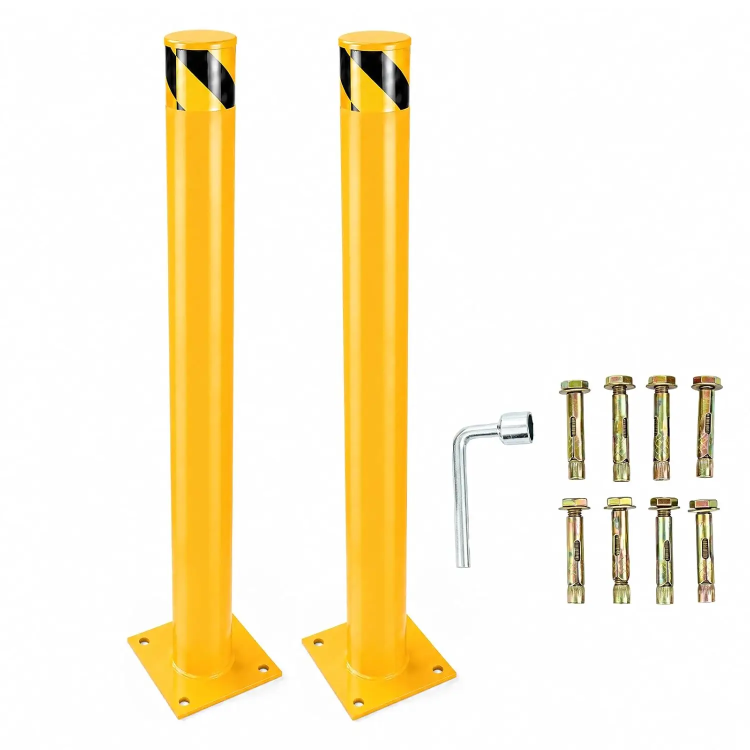 Heavy Duty 42/48-Inch Steel Safety Bollard with Reflective Yellow Finish – Pre-Drilled Base & Anchor Bolts Kit for Driveway, Parking Lot, Warehouse & Loading Dock Protection – 2 Pack