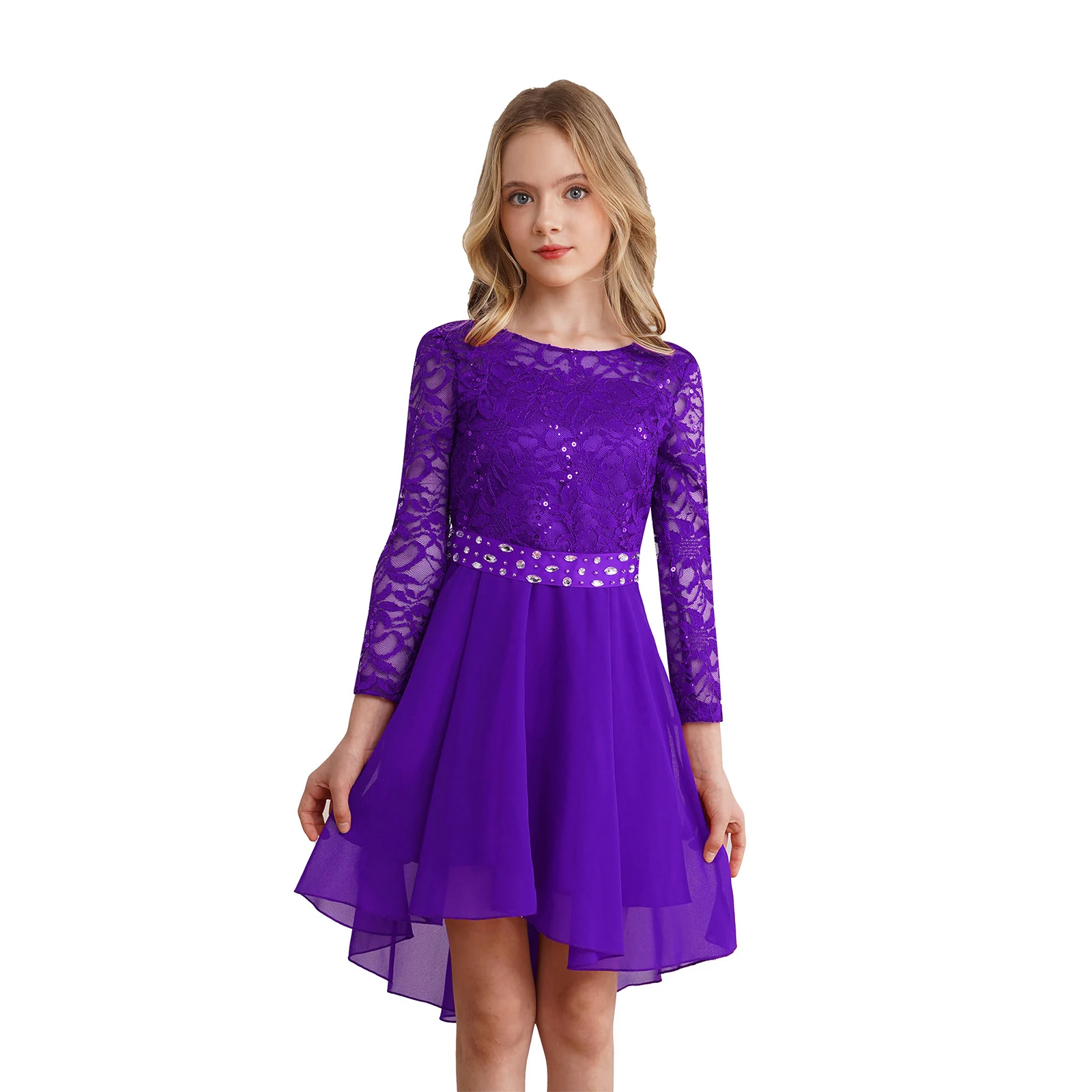 

Kids Girls Elegant Dress Big Lace Chiffon Party Gown Sweetheart Long Sleeve High-Low Large Hem Dress for Wedding Birthday Party