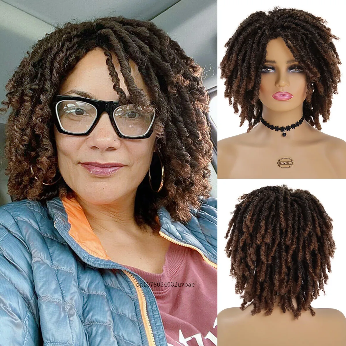 Women Dreadlocks Wig Synthetic Fiber Hair Short Curly Crochet Hair Wigs for Women Ombre Brown Braided Afro Wig Hip-hop Hairstyle