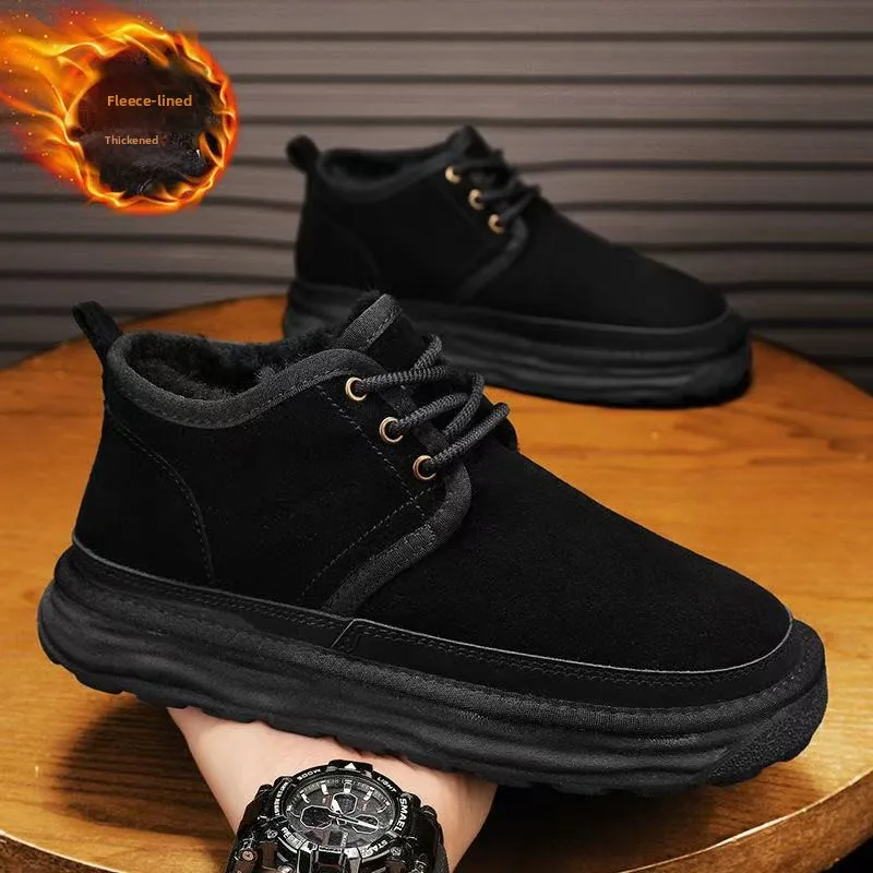 أحذية قطنية رجالية 2025 شتاء جديد الفراء والجلود المتكاملة الباردة واقية اصطف سميكة الدافئة مقاوم للماء أحذية الثلوج الرجالية