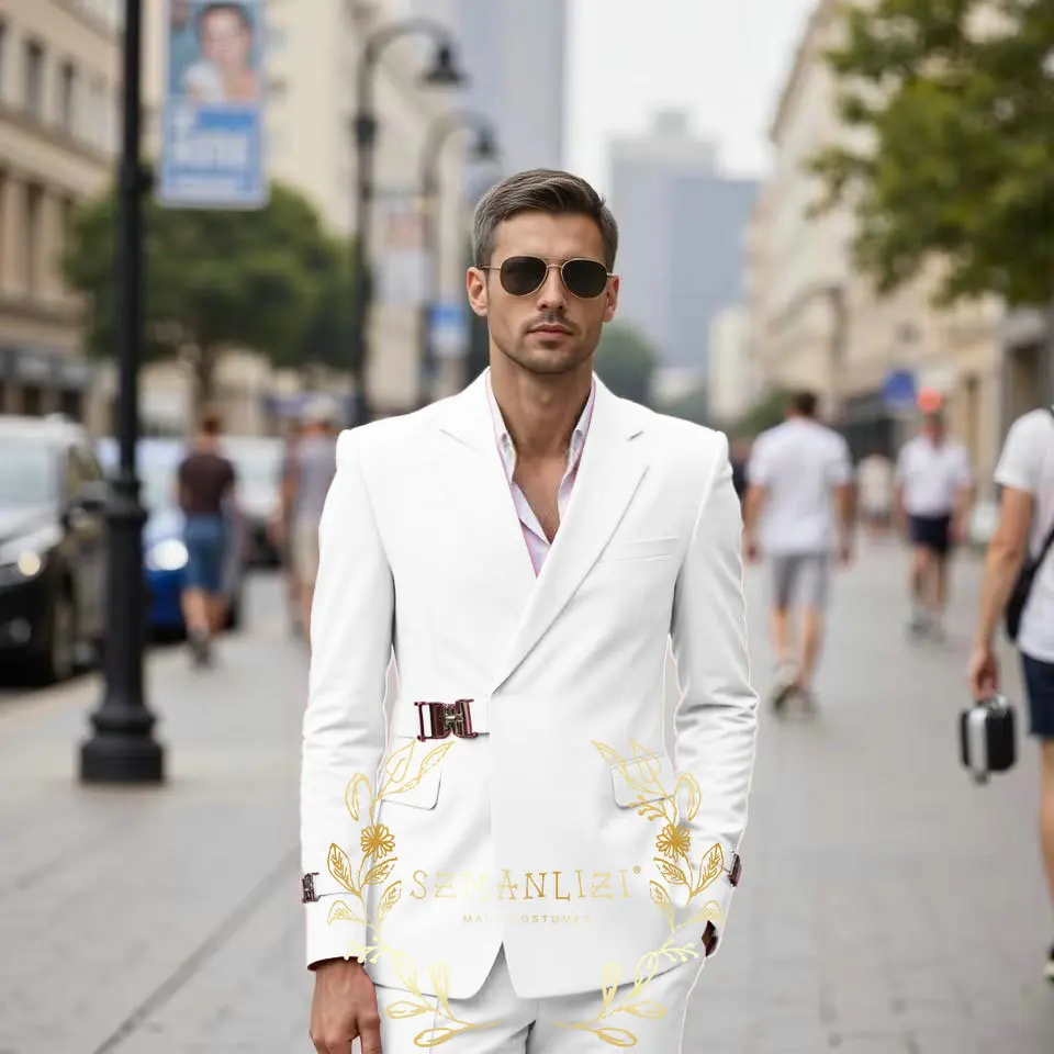 Pink Men Suits Metal Button Double Breasted Blazer Peak Lapel Elegant Formal Set Male 2 Piece Jacket Pants Wedding Groom Tuxedos
