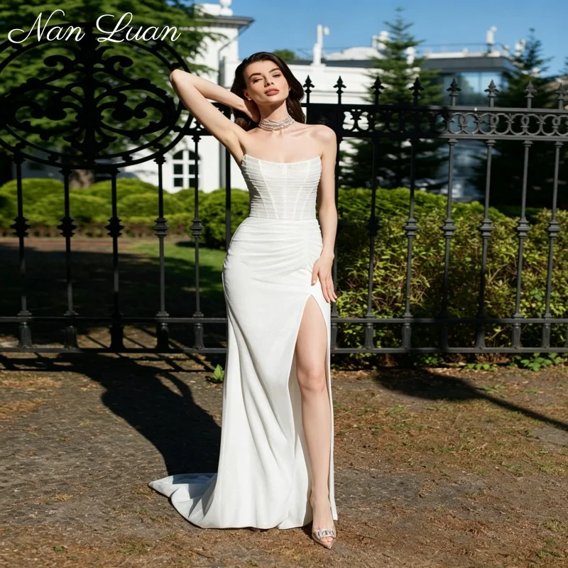 Outdoor Elopement Mermaid Wedding Dress Strapless Rhinestone Corset High Slit Train Vestidos De Novia Customized