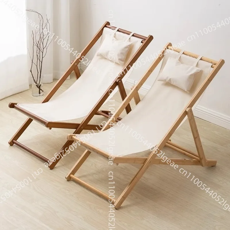 Reclining Chair Home Leisure Lunch Break Outdoor Canvas Beach Chair Courtyard Camping Solid Wood Folding Chair Couch