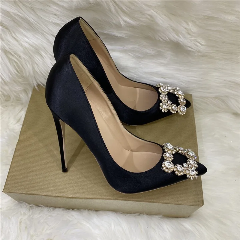 Keshangjia Black Silk Pointed High-heeled Shoes Sparkling Wedding Shoe Heel Lighter Peep-toe sexy 12 cm Single Women Shoes