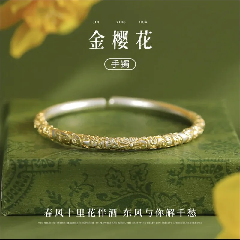 

S999 , Bangle With Gold Engraving, Handcrafted Solid Open Silver Bracelet Women
