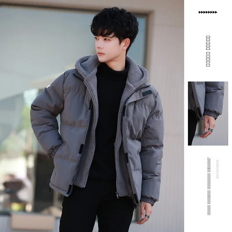 

Men's Ultra-Thick Cotton Jacket with Hood Fake Two-Piece Warm High School Student Winter Outerwear Short Style Casual Wear