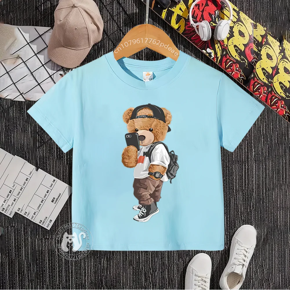 Summer 100% cotton T-shirt for boys and girls Baby street cartoon Bear print teen comfortable crewneck top Cotton T-shirt top