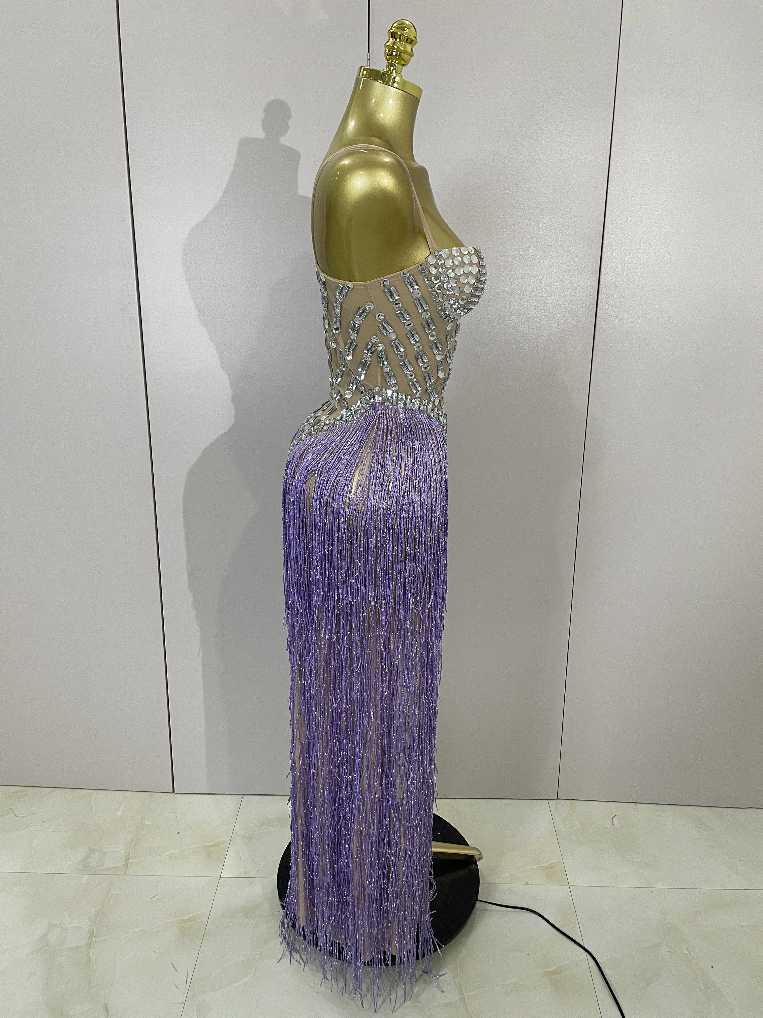 Robe longue transparente en maille pour femmes, Sexy, luxe, strass, paillettes, pompon, soirée, bal, discothèque, Costume de scène