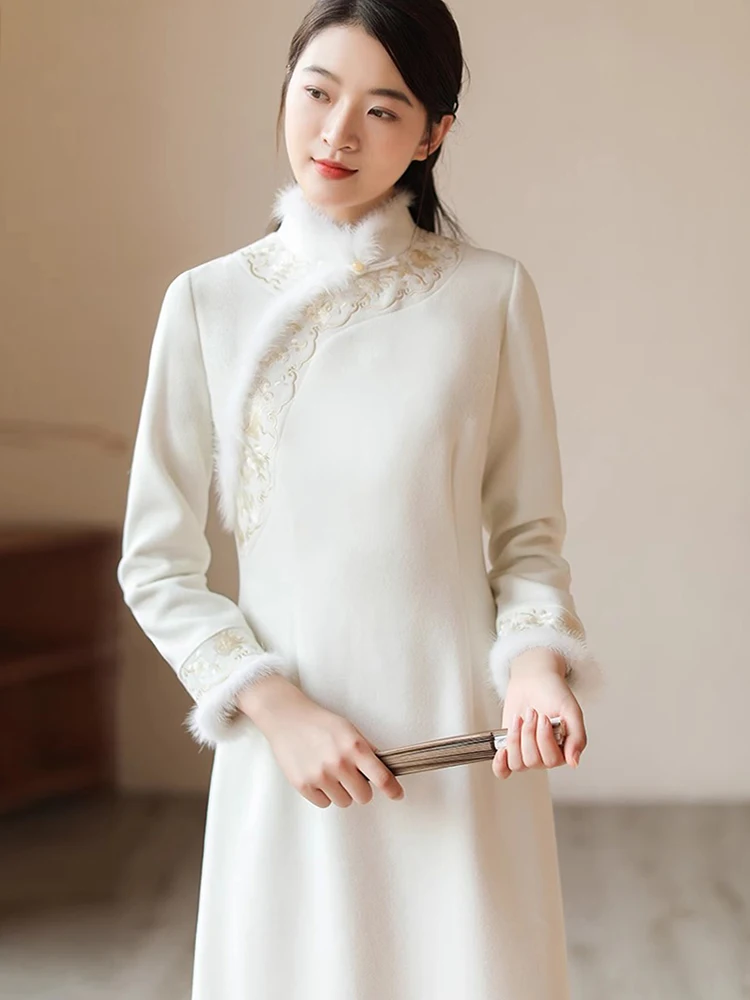 

Revised Embroidered Vintage Sle Long Dr Chinese Sle Women's Clothing Slant Collar Full Sve Daily Wear Pol...