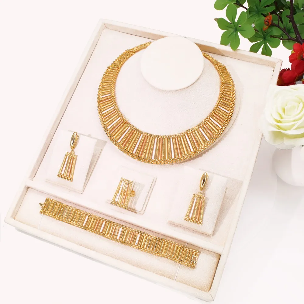 

GZJPEI Three Tone Jewelry Set Unique Hollow Out Italy Jewellery Exaggeration Big Necklace Wide Bracelet Geometric Earrings Rings