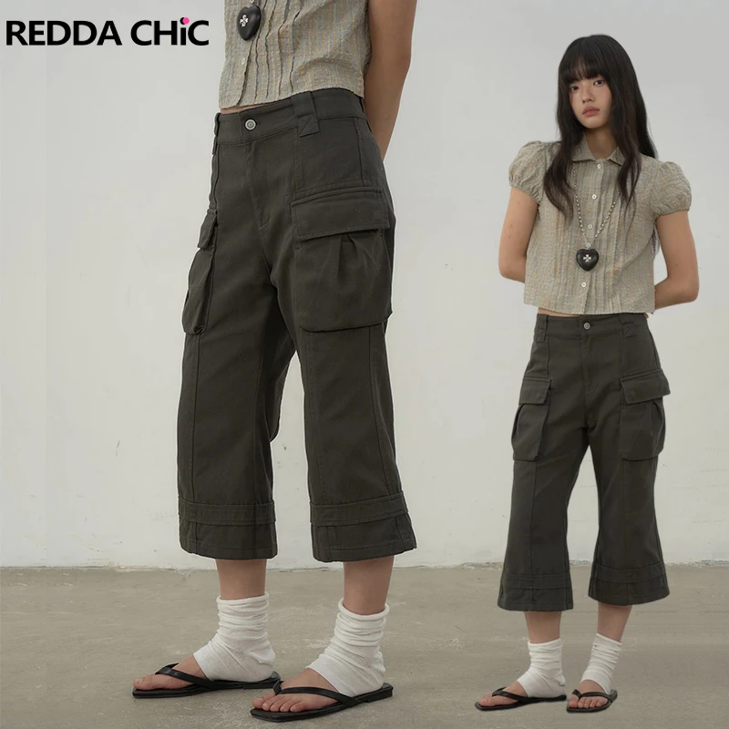 REDDACHiC Pantalones Cortos Vaqueros Cargo Grunge para Mujer, Moda Acubi, Gris, Tiro Bajo, Relajados, Estilo Bootcut, Denim, Bermuda, Corea, Verano, Streetwear