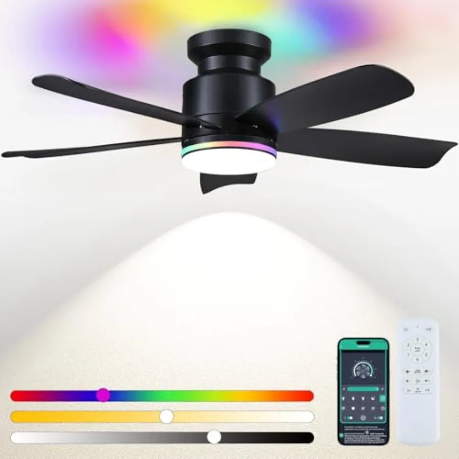 

Ceiling Fans with Lights and Remote/APP Control 41 inch Low Profile Ceiling Fan 3 CCT LED Dimmable White Lights + RGB Ring Ligh