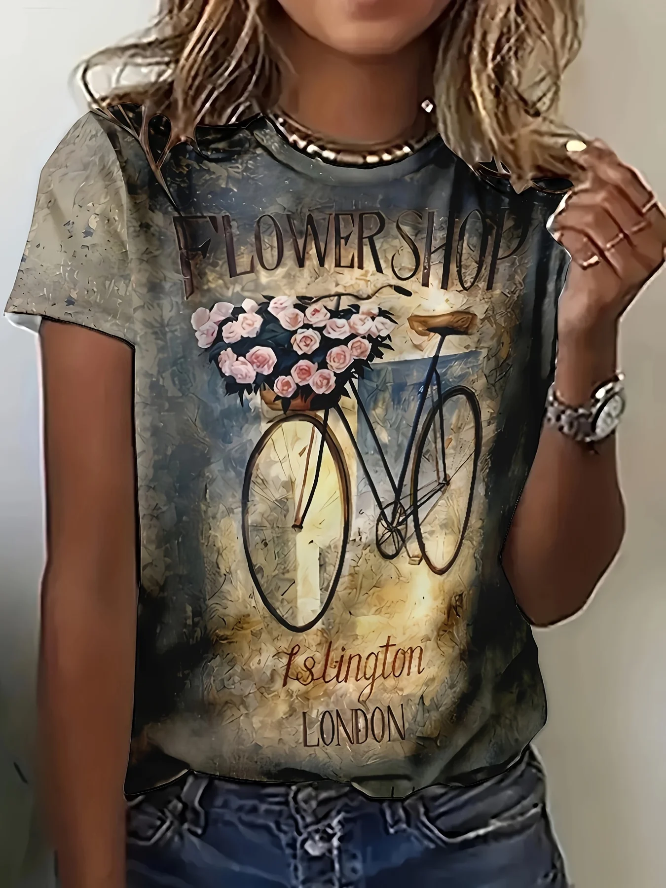

Женская футболка — велосипедная графика «Цветочный магазин Лондона», цветочный дизайн в стиле ретро для повседневной повседневной носки