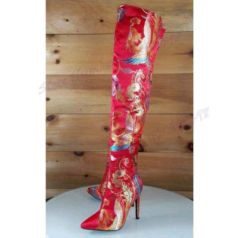 Red Satin Embroidery Knee High Boots Pointed Toe Shoes for Women Stilettos High Heels Sexy Lady Shoes 2024 Zapatos Para Mujere