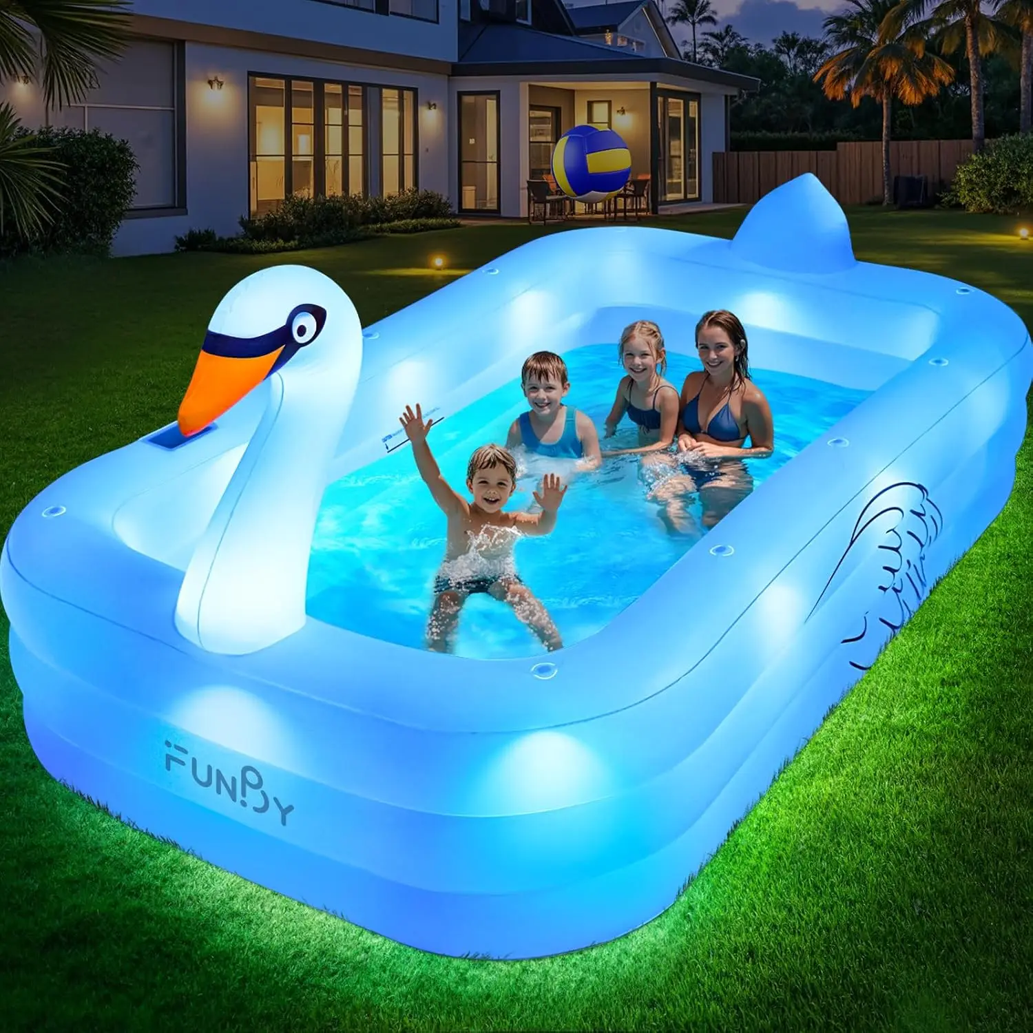 

Solar Swan Inflatable Pool with Lights, 100x63x20in, Thickened Family Pool for Adults & Kids
