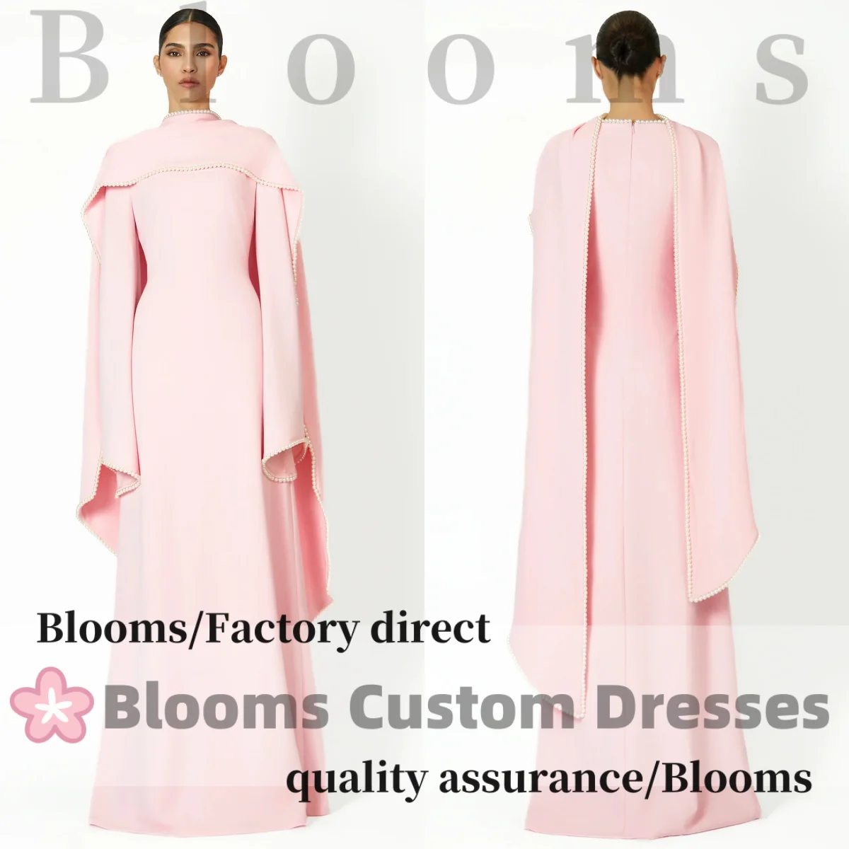 

Customized Pink High Neck Formal Evening Dresses Prom Gown Pearl Studded Cape Sleeve Elegant Party Dresses 2026 For Women