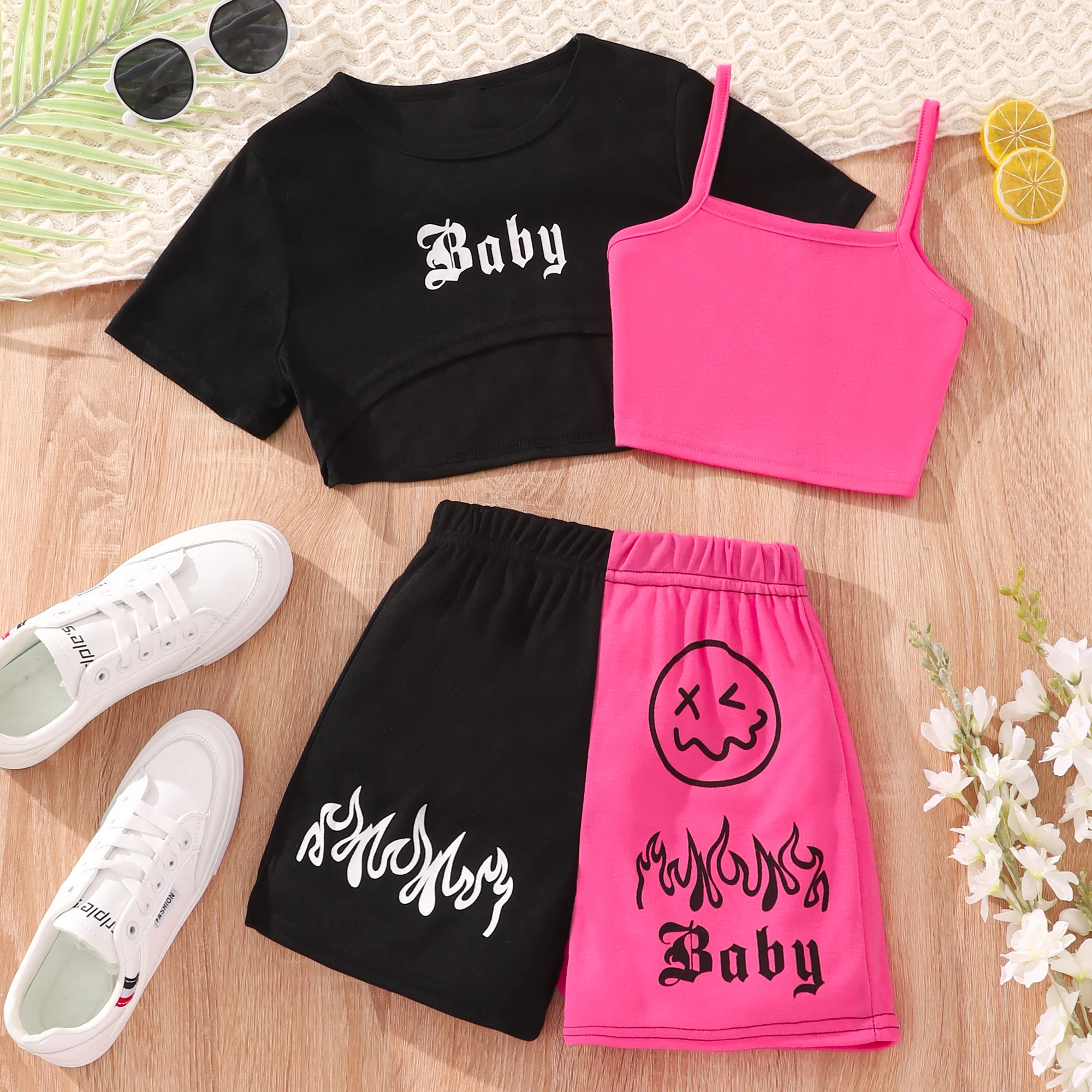 2024 Girl Set Summer Fashion 3 Pce Teen Girls Sports suit Short Sleeves Color Contrast Alphabet Kids Outfit 7 8 9 10 11 12 Years