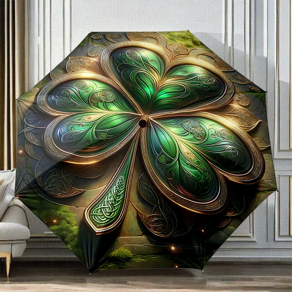 Elegant Green Celtic Four-Leaf Clover Design Umbrella Portable Folding Umbrella, Gift for Family And Friends