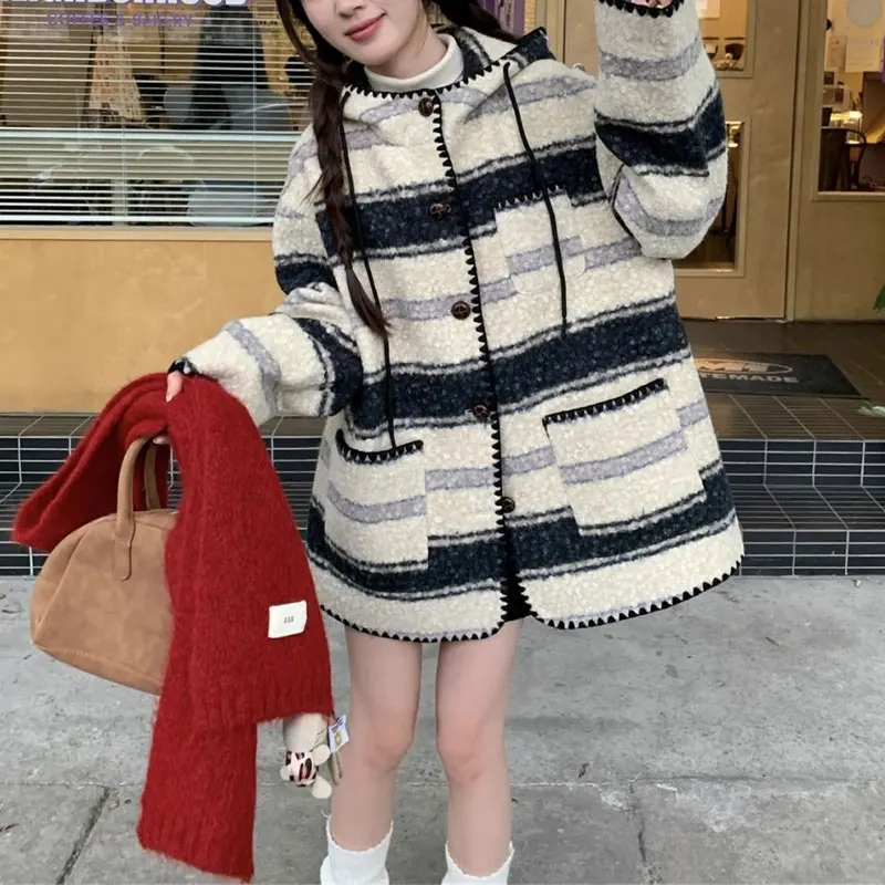 Women's Clothing Loose Striped Wool Casual Hooded Drawstring Fashionable Midi Coats Autumn Winter Gentle Single-breasted Blends