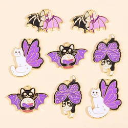 10Pcs Cartoon Enamel Purple Wing Cat Skull Charm for Jewelry Making DIY Animal Earrings Pendant Necklace Halloween Accessories