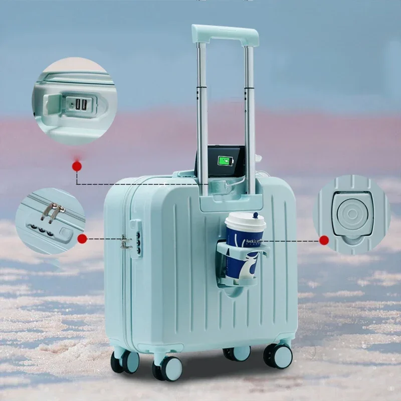 18/20 Inch Suitcase Boarding Multifunctional Travel Suitcase Student Password Trolley Case Rolling Luggage Bag with Cup Holder