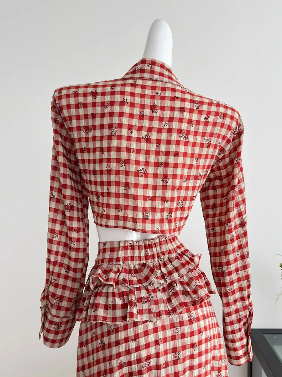 ReddaChic レトロチェック柄トップススカート レディース マッチングセット 長袖ツイストフロントブラウストップス スリットロングラッフルスカート サマー服