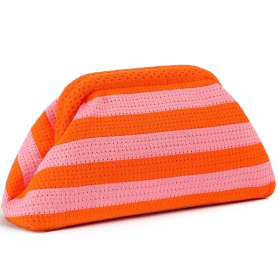 

Clutch Purses for Women Summer Beach Woven Crochet Bag Cloud Dumpling Purses Striped Evening Handbag with Kiss Lock