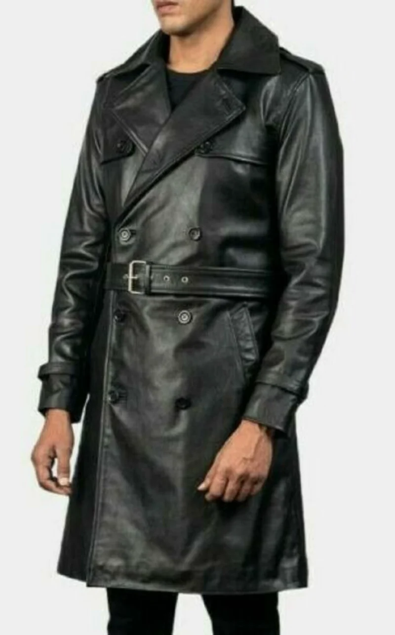 Men Leather Trench Long Coat Winter Genuine Lambskin Black Coat