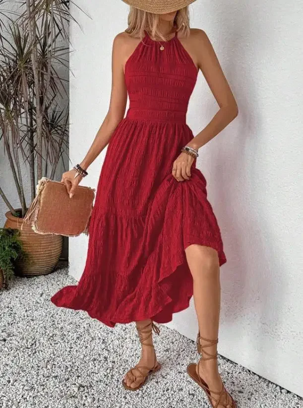 

2026 Women's Retro Red Halter Dress Summer High Waist Backless Long Dresses New Style Female Fashion Sexy A Line Dresses