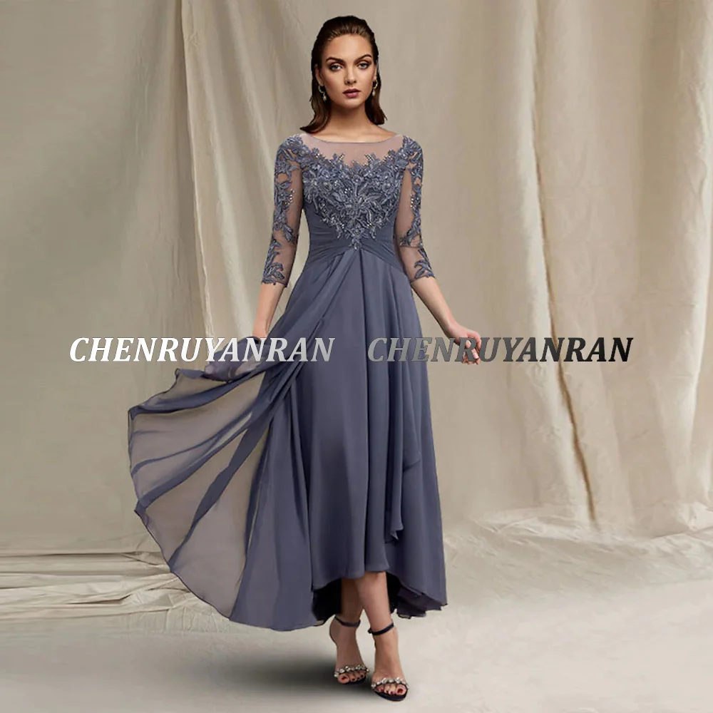 Chiffon Mother of the Bride Dress 2023 Lace Applique A-Line Wedding Guest Gowns Tea-Length Elegant Dress Women For Wedding Party