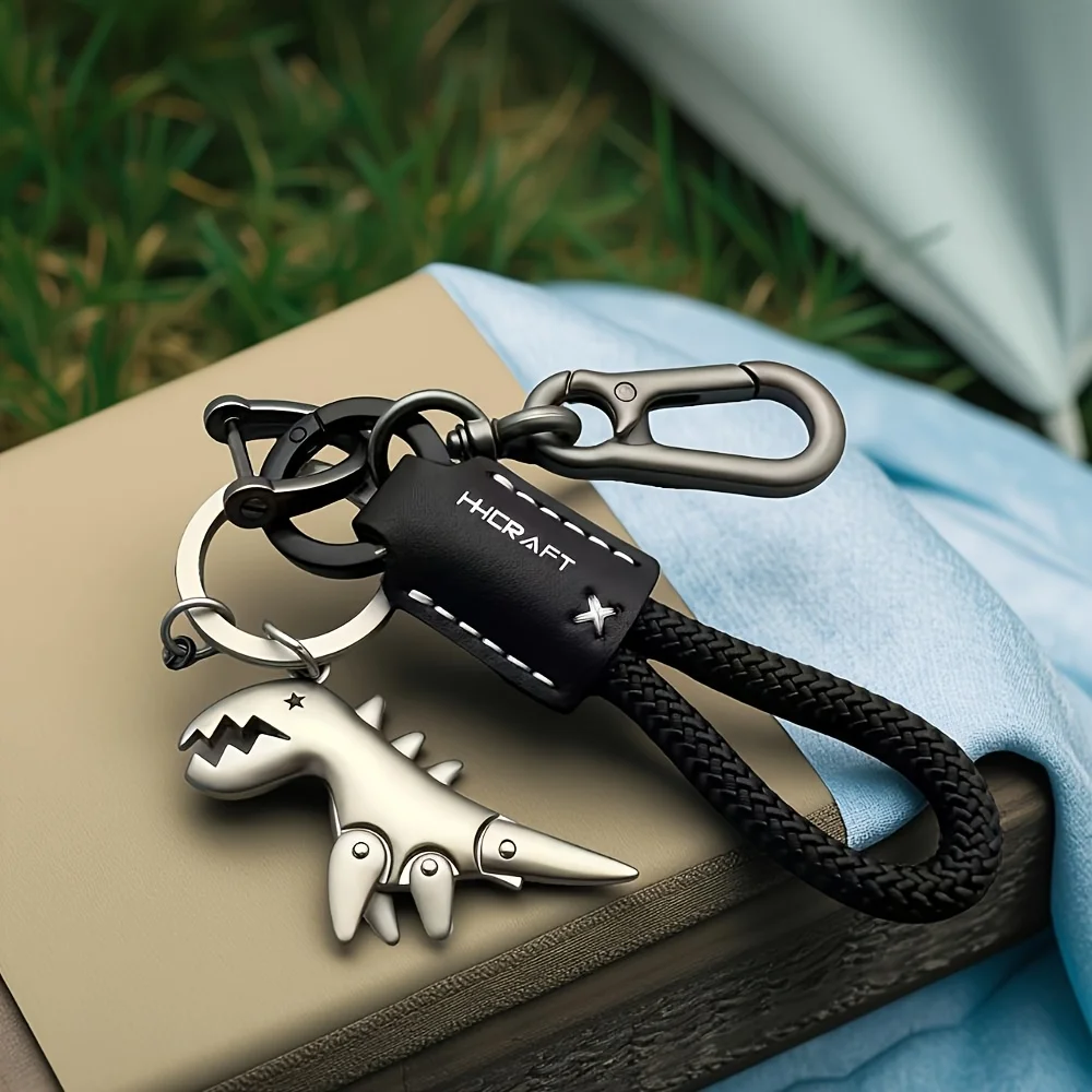Cute Little Dinosaur Keychain, Leather Cord Key Ring, Aluminum Alloy Material, Matte Finish, Includes an S-Hook + D-Ring + 2 Small Rings, Perfect for Car Keychains, Backpack Pendants, and More Than 7 Different Scenarios