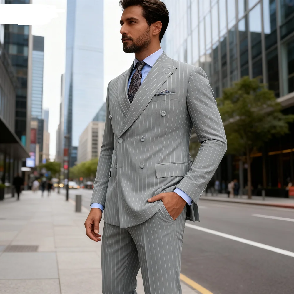 

2-Piece Grey Striped Men's Slim Fit Tuxedo with Peak Lapel Double Breasted Blazer for Wedding Groom Business Suit Smoking Suit