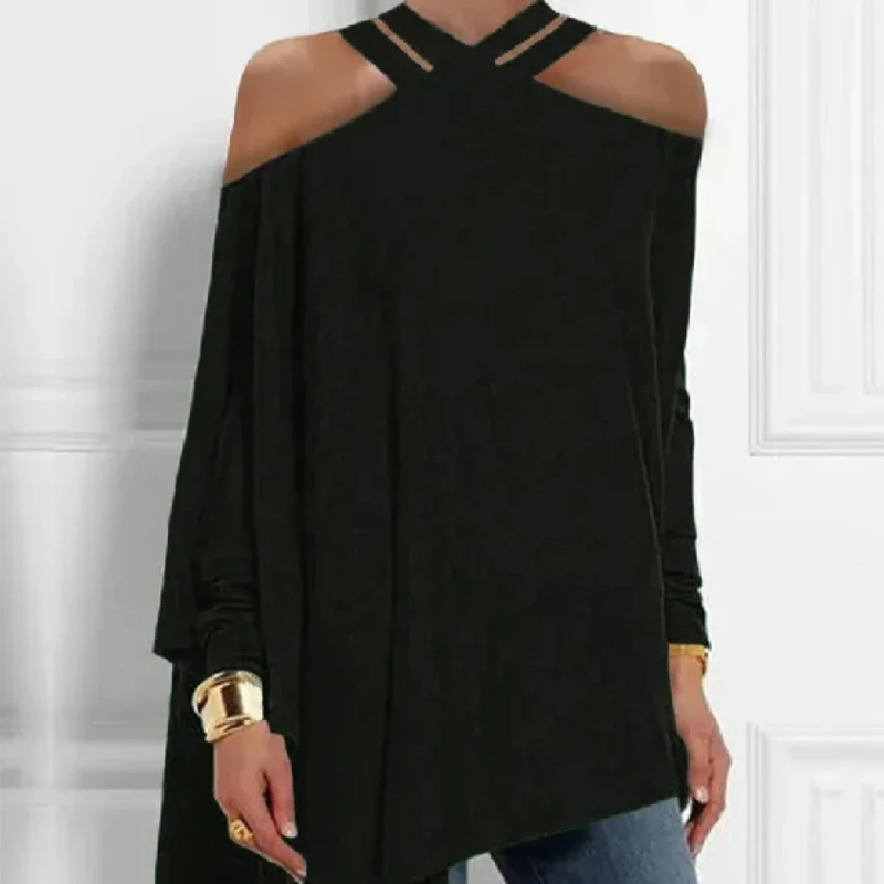 

Daily Tops Hollowed Cold Shoulder Halter Long Sleeve y2k Loose Pleated Asymmetric Long Sleeve Casual Shirts Tops Loose Hollow