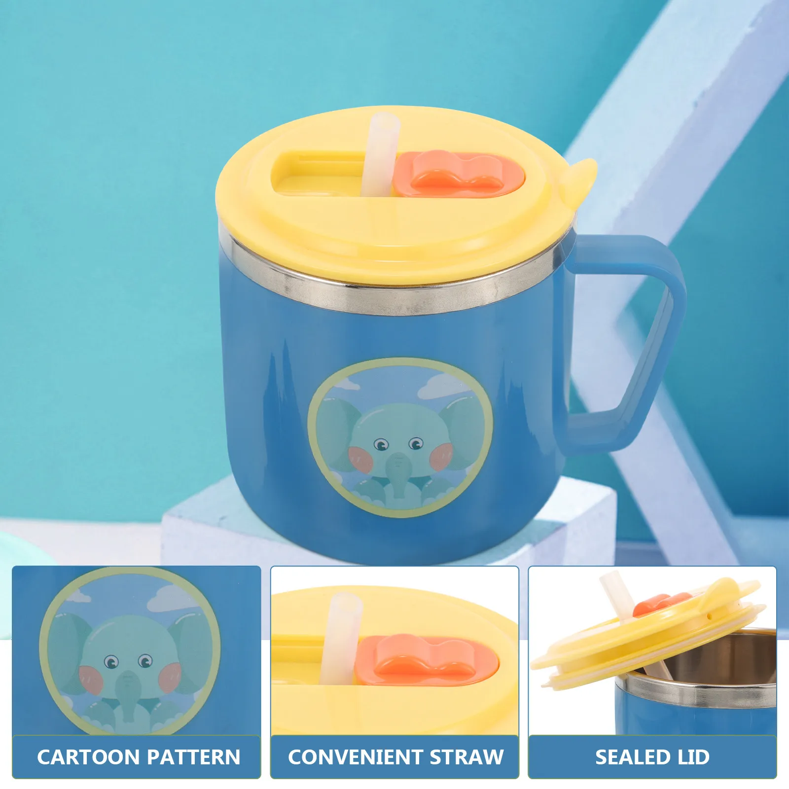 

Cartoon Straw Cup Double-Layer Stainless Steel Baby Use Water Mug Adorable Elephant Design Toddler Drinking Cup Safe Lightweight