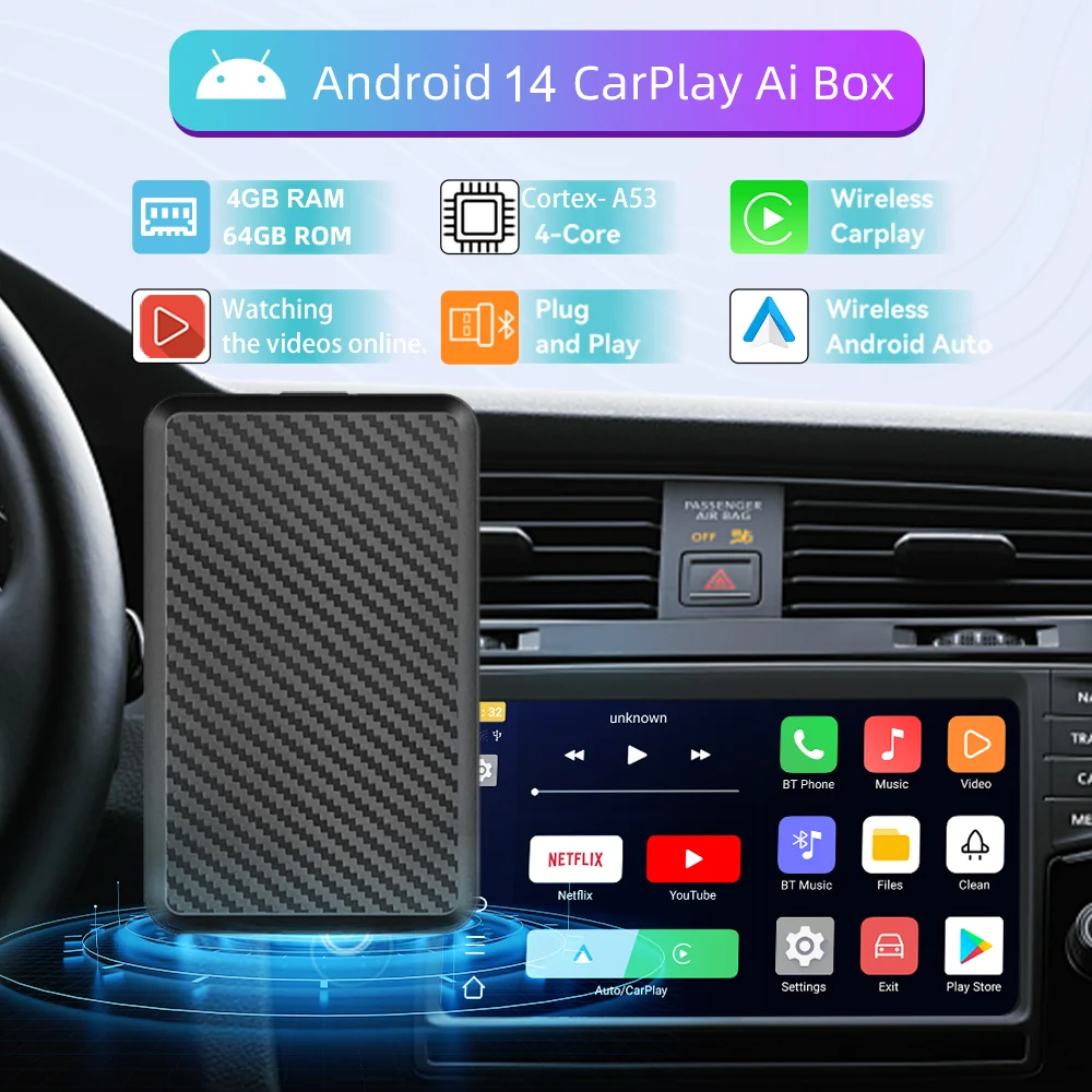 Wired to Wireless CarPlay AI Box Android 14 System Mini Dongle Wifi Netflix Youtube For Audi Toyota Audi VW Golf Mercedes Subaru