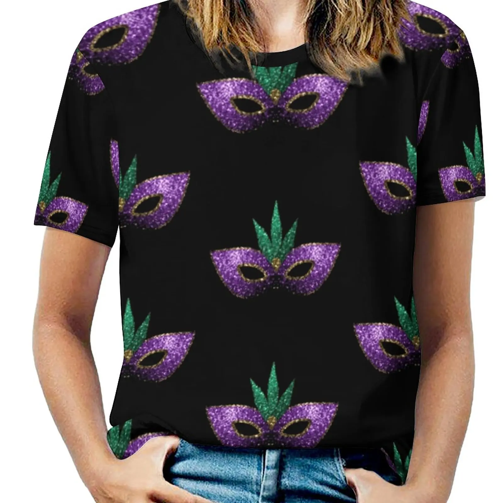 Camiseta con estampado de máscara de Mardi Gras para mujer, jersey de cuello redondo, color morado, verde, dorado, brillante de imitación, primavera y verano