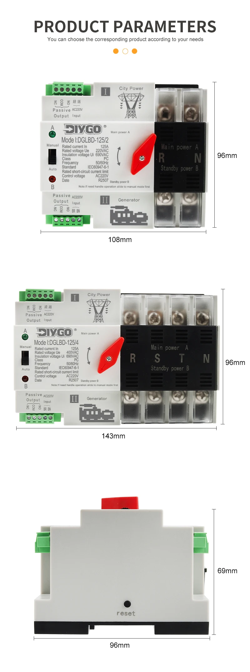 DIY GO Unterbrechungsfreier ATS Dual-Power Automatischer Transferschalter Elektrischer Wahlschalter Stromversorgung für Generatoren – Detail 5