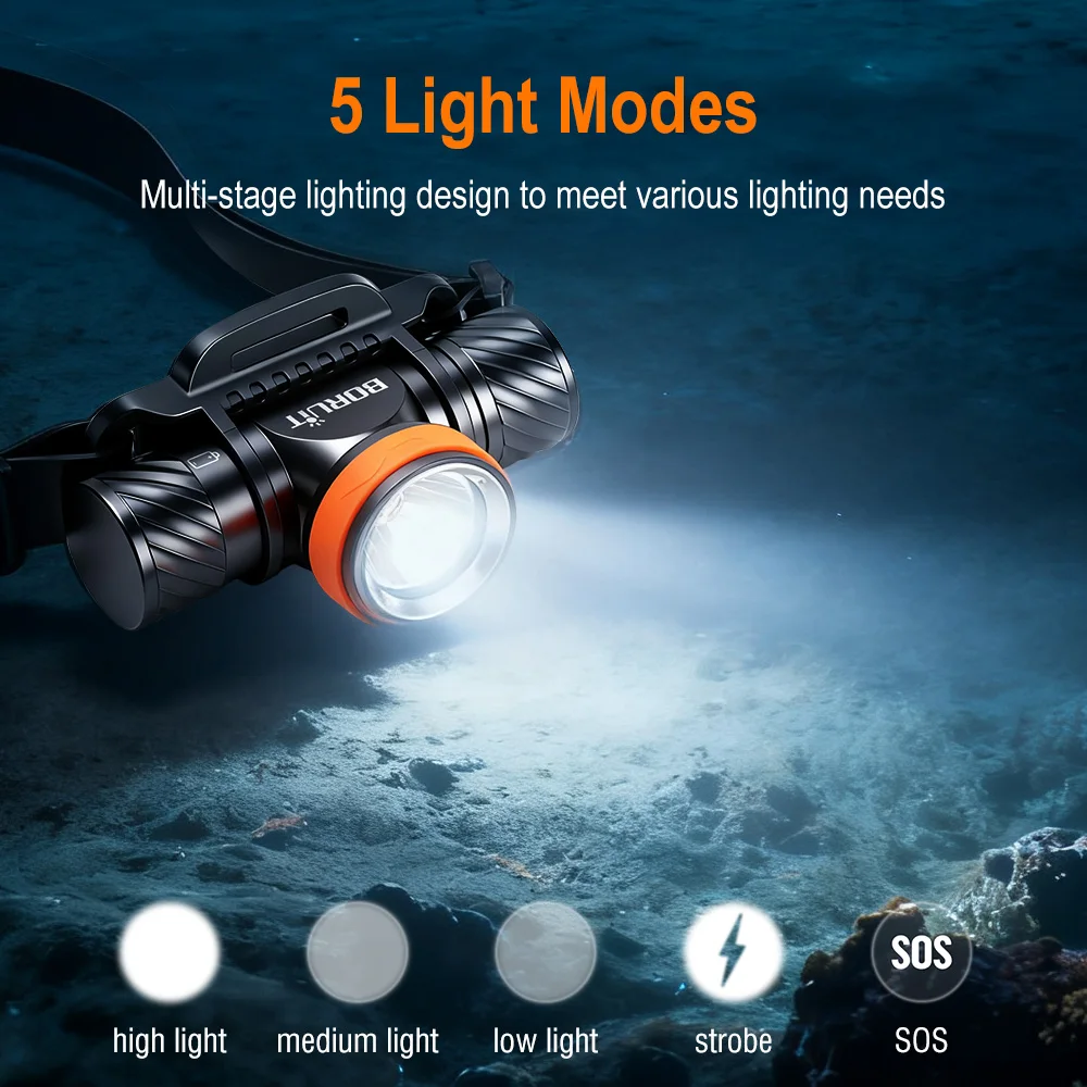 BORUiT HP1000 Underwater LED Diving Headlamp Ultra Bright 1200LM 60 Meters 21700/18650 Scuba Diving Headlight IP68 Waterproof