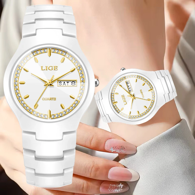 LIGE Top Brand Luxury Women's Watches Elegant Ceramic Steel Waterproof Bracelet Quartz Watch Gift For Women Relogio Feminino+BOX