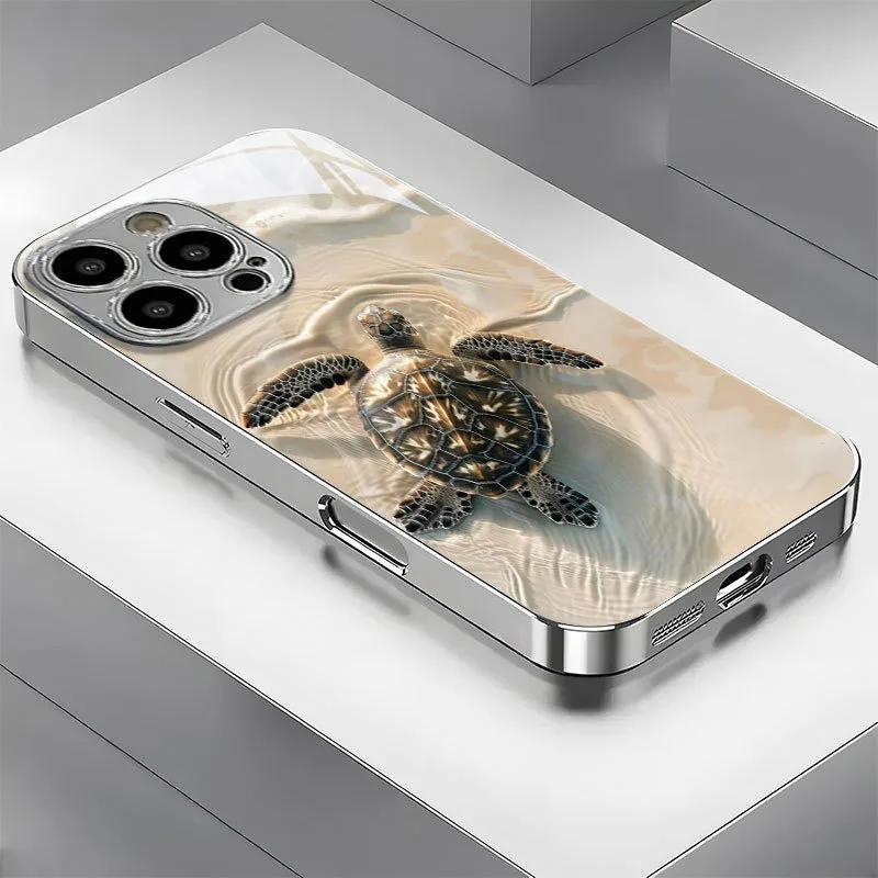 

Beach Turtle Pattern Tempered Glass Phone Case For iPhone 17 16 15 14 13 12 11 Pro Max 14 Plus 17 Air Electroplate Silver Cover