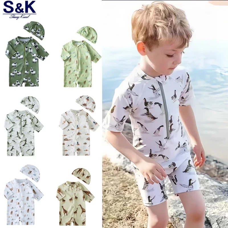 

Kids Quick-Drying Swimsuit with Swim Caps Baby Boy Short Sleeve Sunscreen Print One-Piece Bathing Suit Beachwear UPF50+
