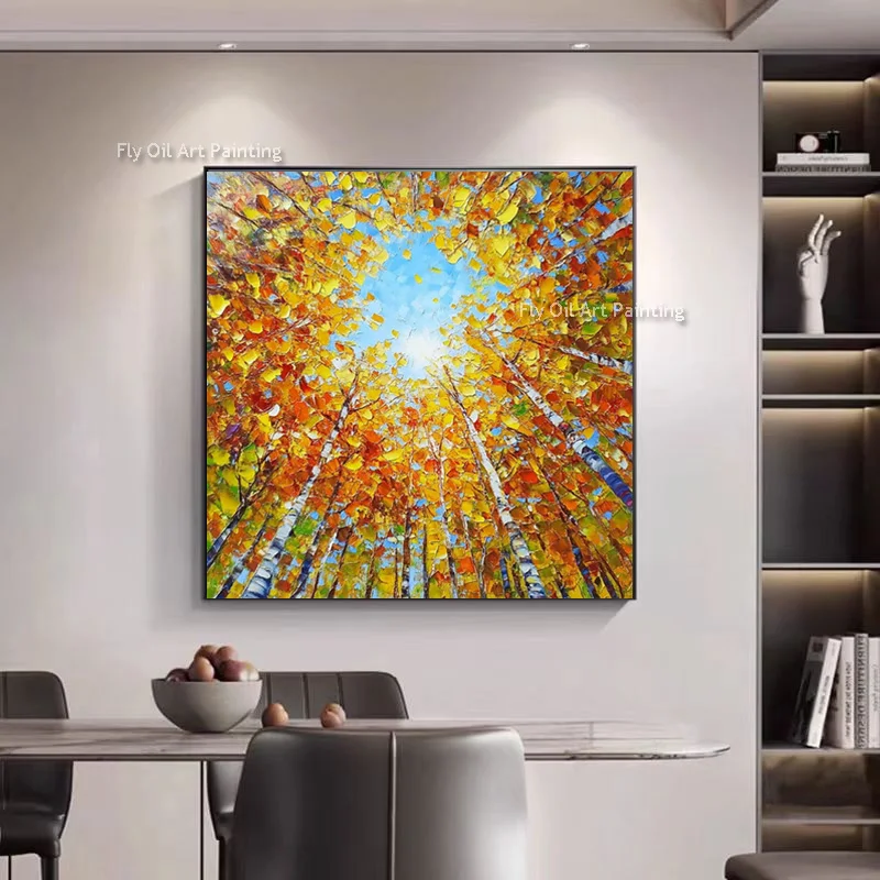 Handmade Yellow Orange Autumn Forest Landscape Thick Canvas Oil Painting Original Artwork Brich Tree Wall Art Decor For Room