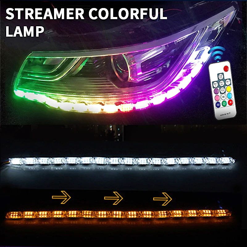 

2pcs Colorful Daytime Running Light Strip RGB Flow Yellow Turn Signal Led Remote Control Waterproof Streamer Lamp Universal 12V