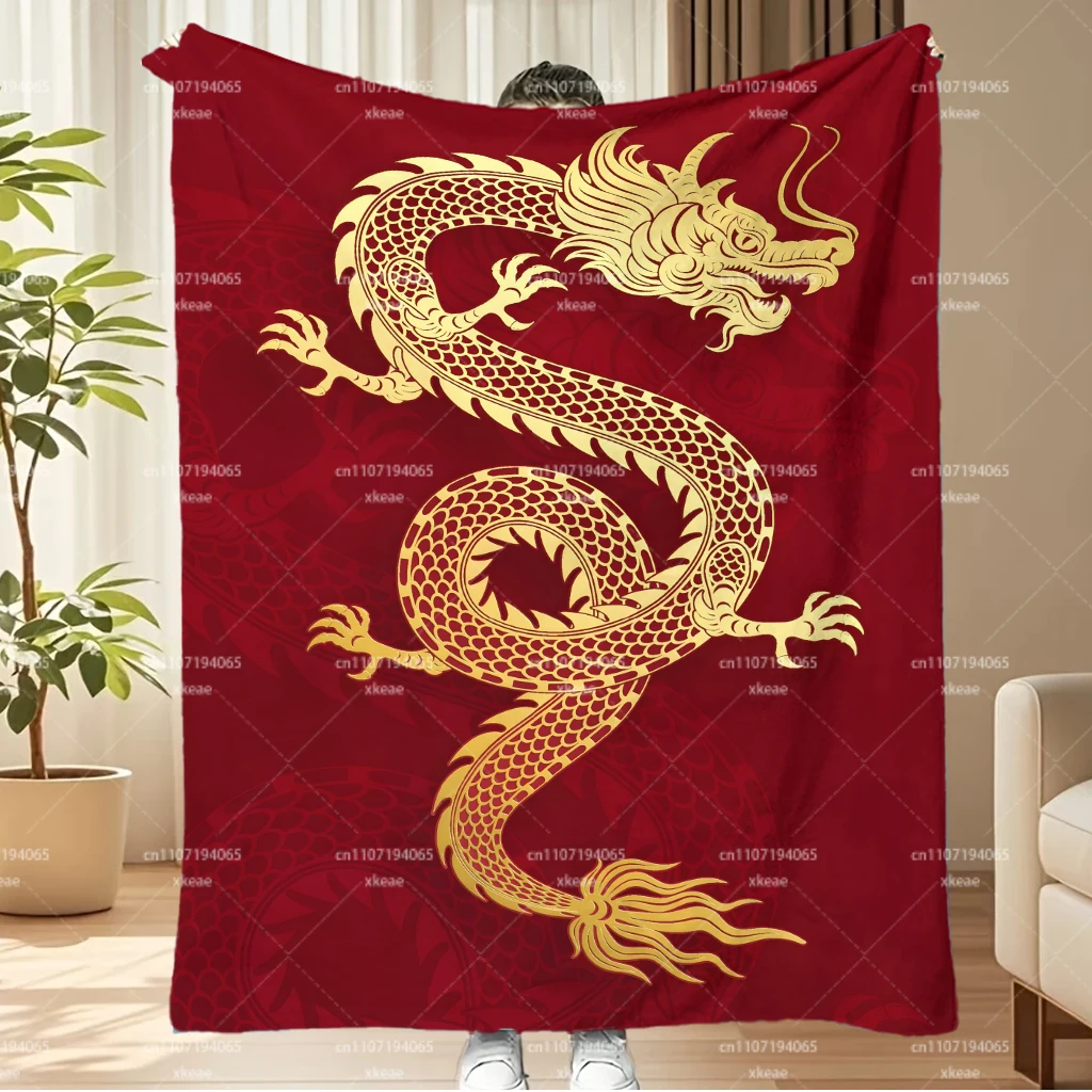 Chinese Style Golden Dragon Throw Blanket, Red Background Oriental Dragon Pattern Soft Flannel Blanket, Warm Lightweight Bed Sof